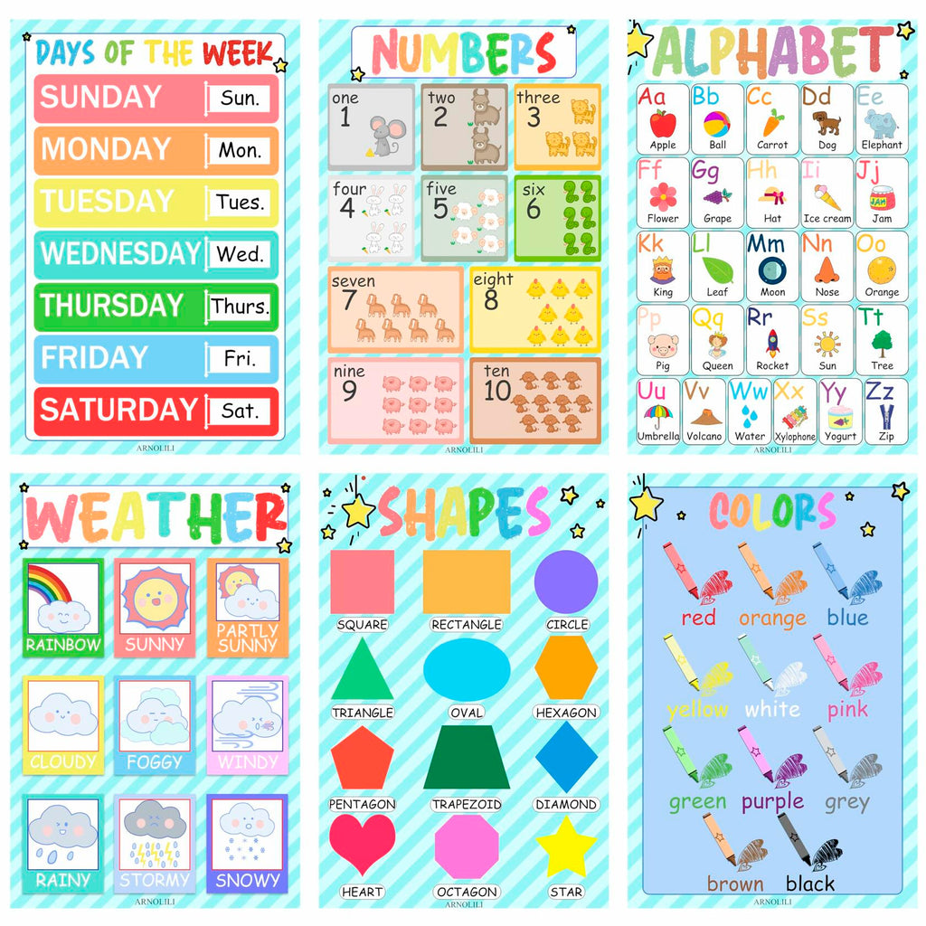 Toddler Educational Canvas Posters 6 Pack ABC Numbers Shapes 12x18in