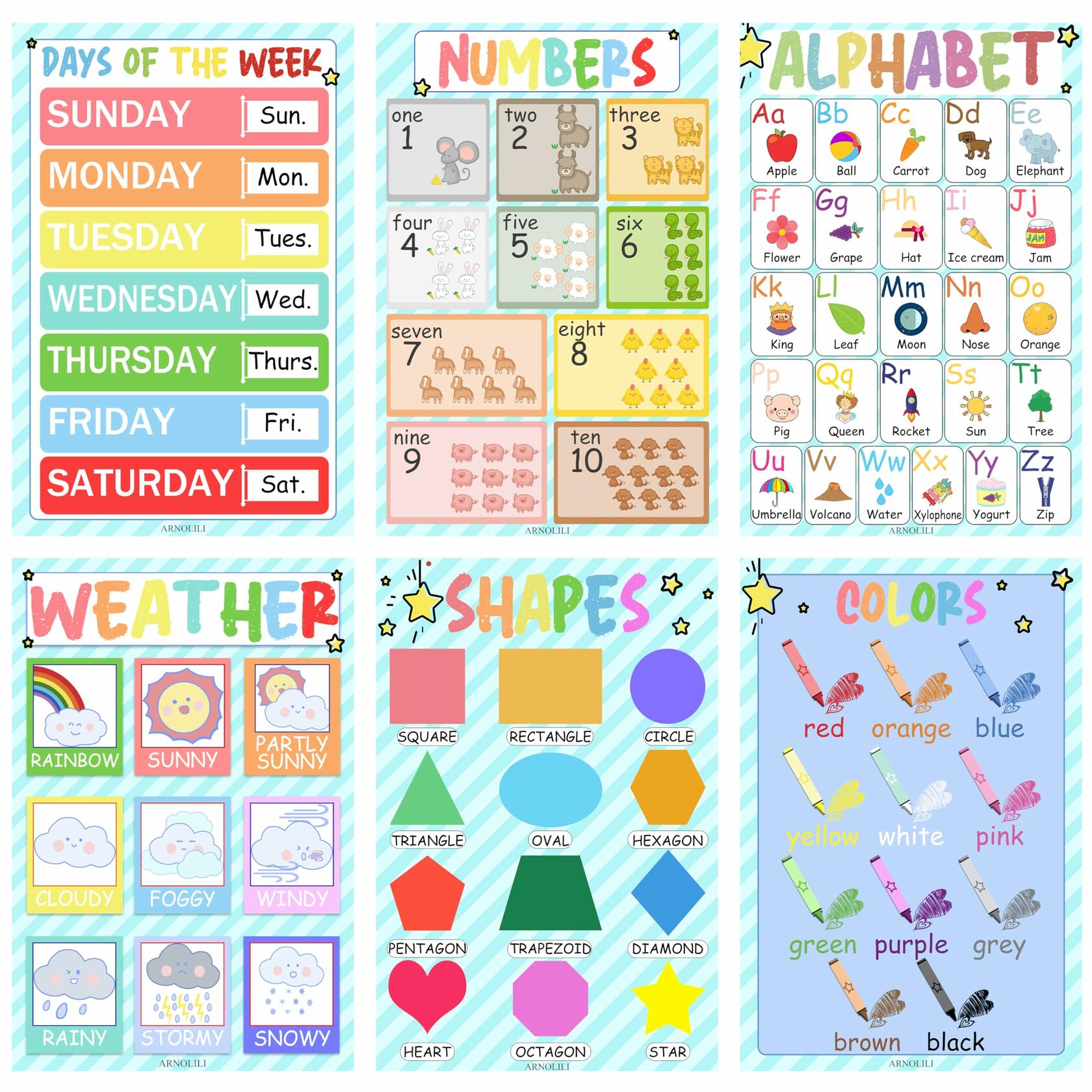 Toddler Educational Canvas Posters 6 Pack ABC Numbers Shapes 12x18in