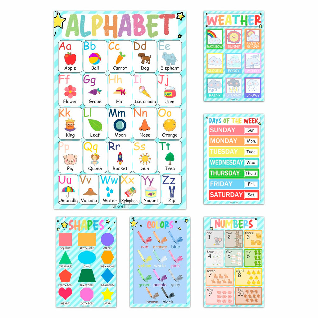 Toddler Educational Canvas Posters 6 Pack ABC Numbers Shapes 12x18in