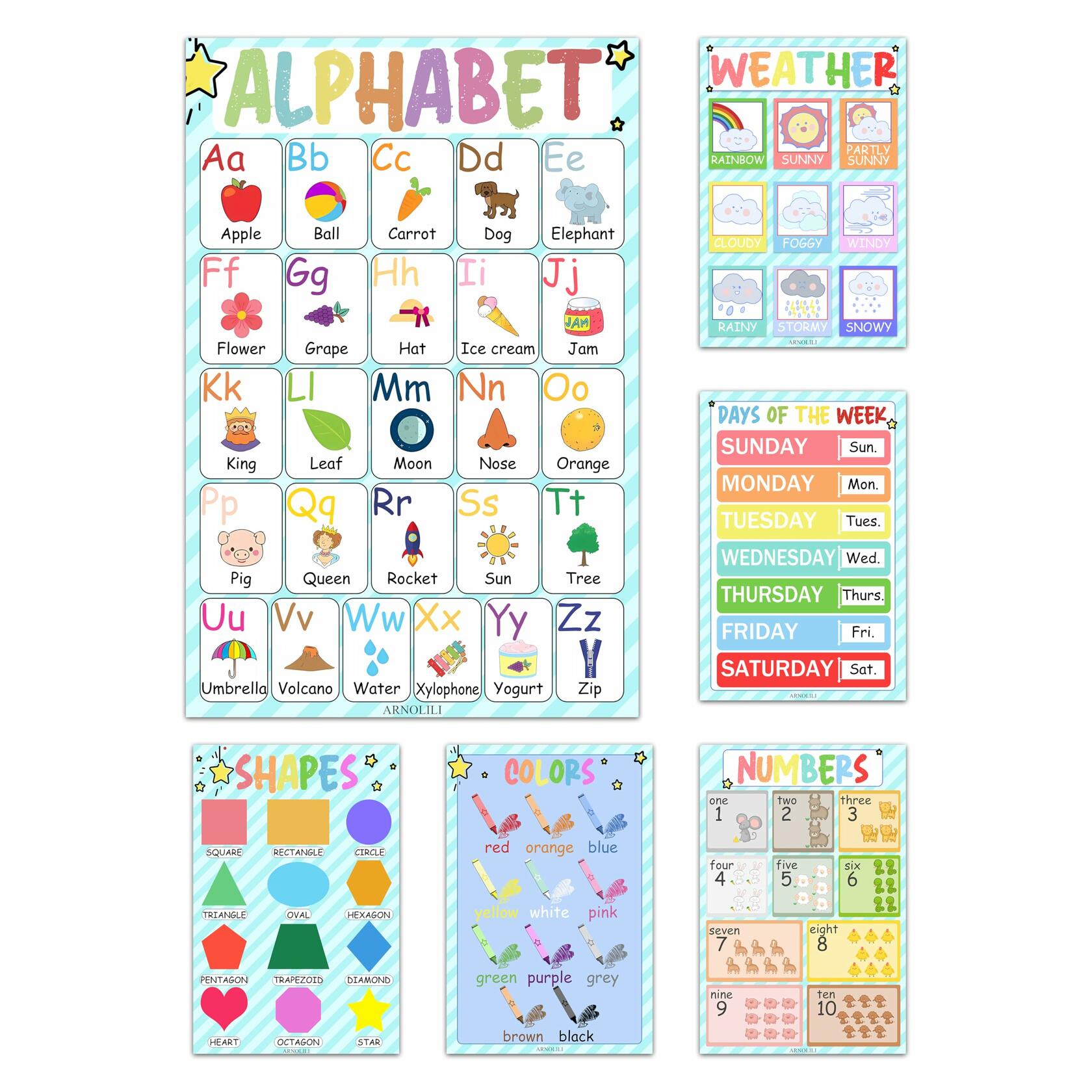 Toddler Educational Canvas Posters 6 Pack ABC Numbers Shapes 12x18in